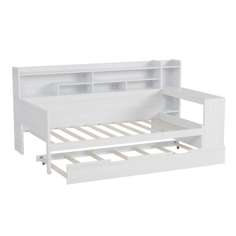 Twin/Full Size Daybed with Twin Size Trundle and Bulit-in Study Desk, Wooden Sofa Bed Frame with Storage Shelves