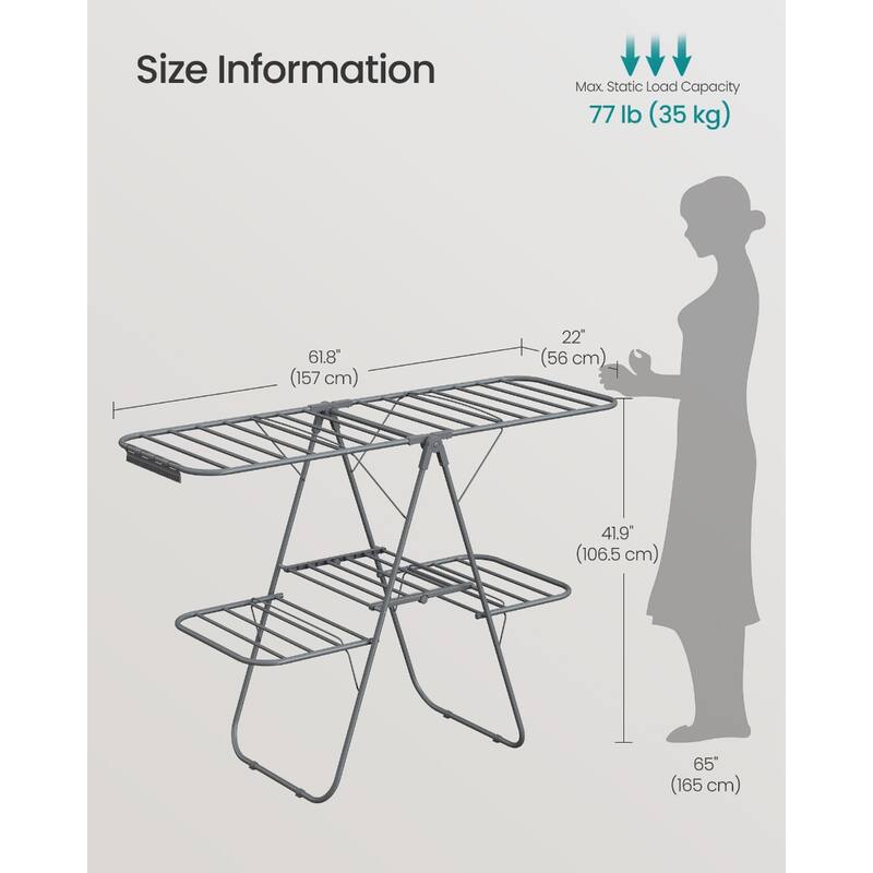 Adjustable 4-Wing Foldable Steel Laundry Clothes Drying Rack with 33 Rails and 27 Clips for Indoor Use