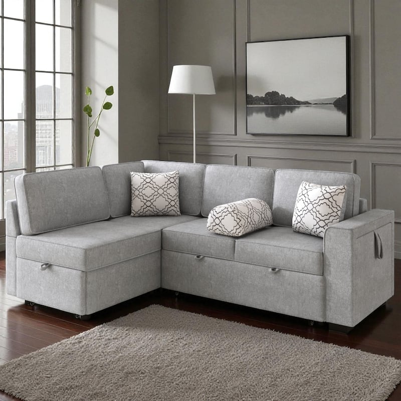 83.9" Convertible Sectional Sofa Bed with Dual Pull-Out Sleepers, Flip-Top Table, USB Ports, Cup Holder & Storage - Light Grey