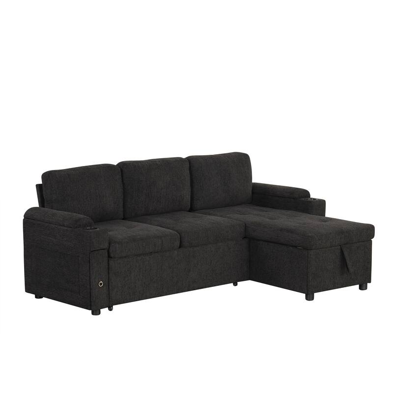 L-Shaped Convertible Sofa Bed with Reversible Chaise Lounge, Chenille Fabric Sectional Sofa with 2 Cup Holders & 2 USB Ports