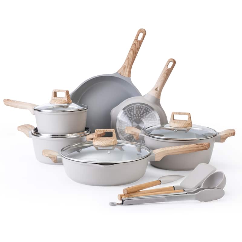 Country Kitchen 14 Piece Kitchen Cookware Set, Nonstick Cast Aluminum with Utensils, Sage - Grey