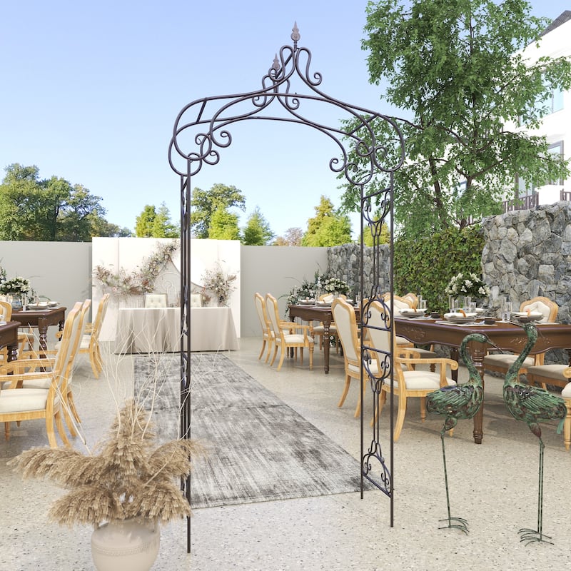Black Metal Indoor Outdoor Scrollwork Arched Fleur De Lis Garden Arbor
