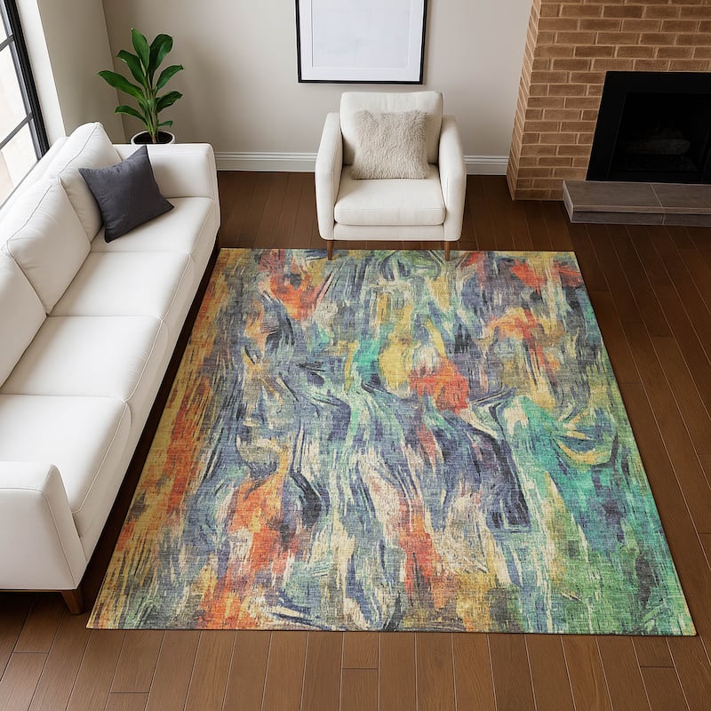 Machine Washable Indoor/ Outdoor Brushstrokes Modern Chantille Rug