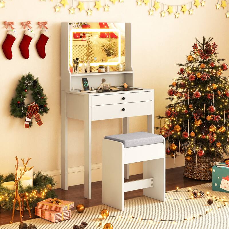 Gymax Small Vanity Desk w/Mirror Lights Charging Station Glass Top