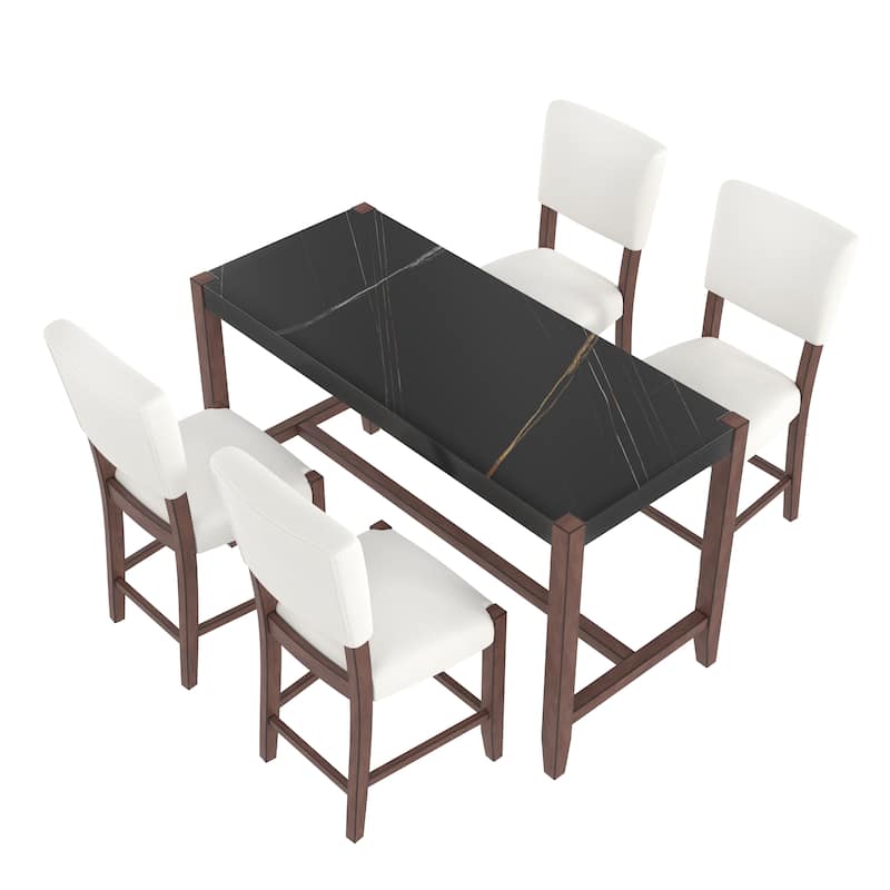 5-Piece Counter Height Dining Table Set with Faux Marble Table and 4 Upholstered-Seat Ergonomic Chairs, Anti-stain Surface