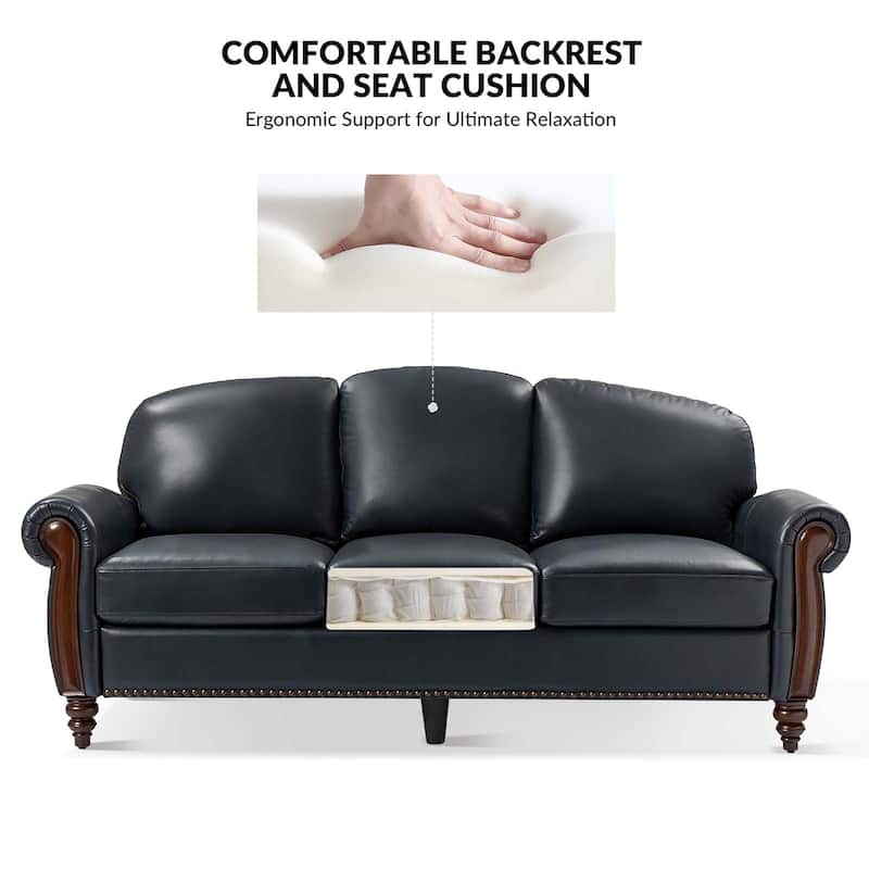 Eduard 84" Traditional Genuine Leather Sofa with Carved Wood Legs by HULALA HOME