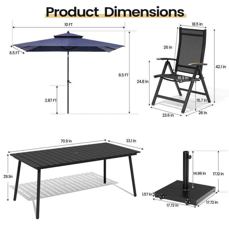 9PC Outdoor Patio Dining Set WoodLike Aluminum Umbrella Hole Table with Folding Chairs,Double Top Market Umbrella and Wheel Base