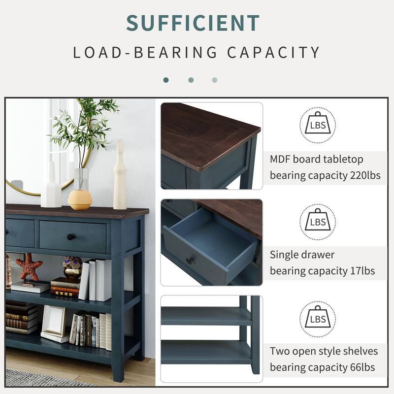 Retro Design Solid Wood Console Table with 2 Open Shelves