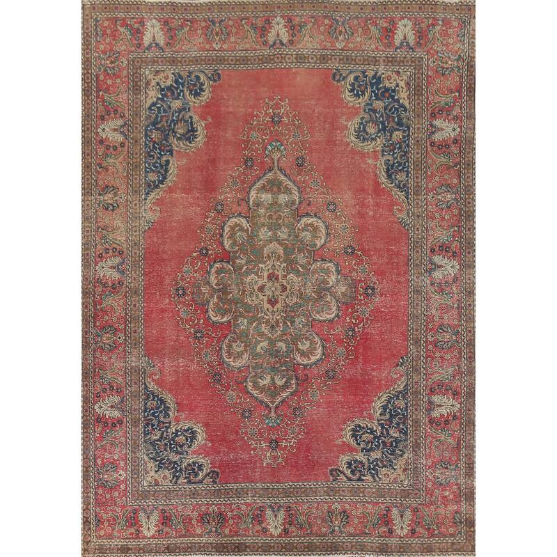 Distressed Tabriz Persian Vintage Rug Hand-Knotted Wool Carpet - 9'6"x 12'10"