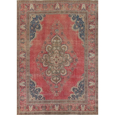 Distressed Tabriz Persian Vintage Rug Hand-Knotted Wool Carpet - 9'6"x 12'10"