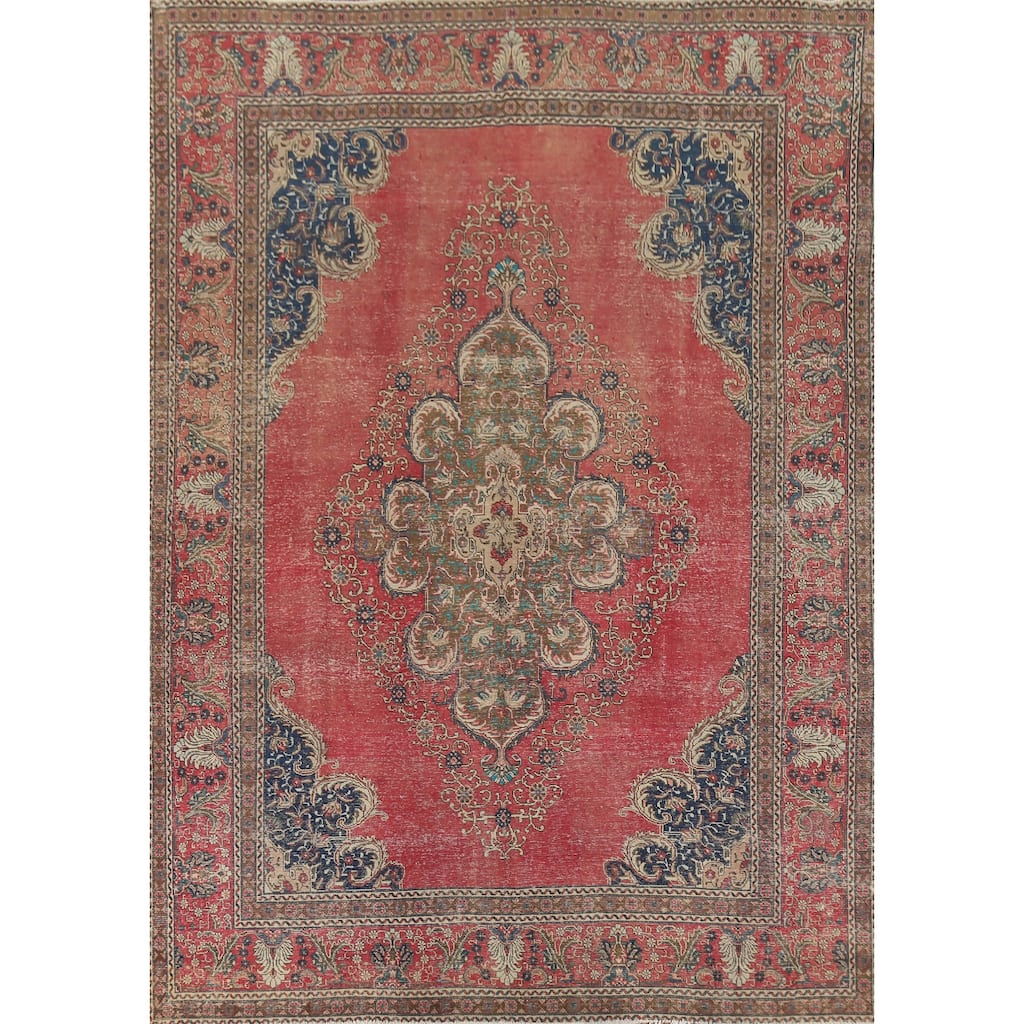 Distressed Tabriz Persian Vintage Rug Hand-Knotted Wool Carpet - 9'6"x 12'10"