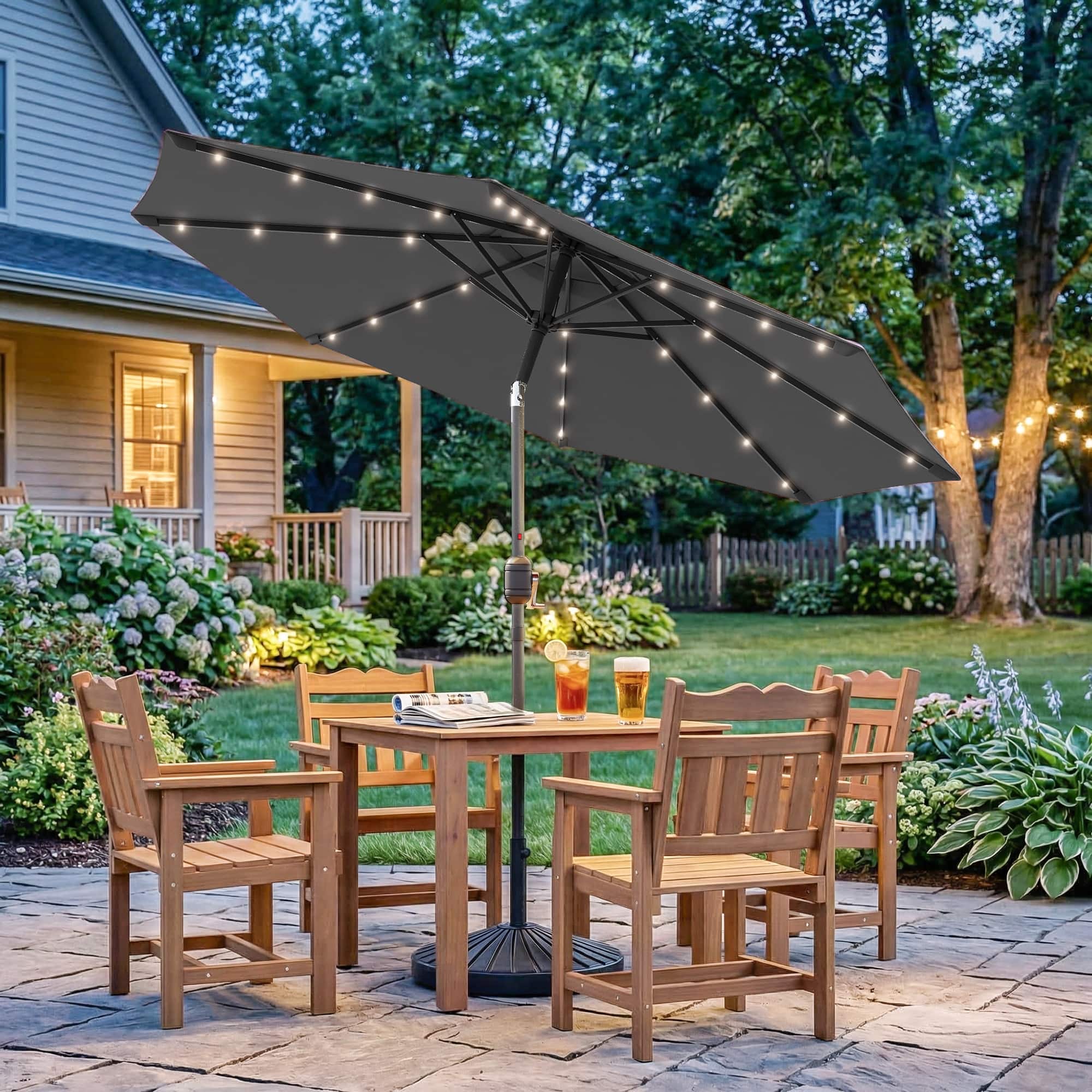 cheap 9 ft patio umbrella with table WestinTrends Outdoor Market Round Resin Base, Gray Resistant Frame BONOSUKI LED Patio 9Ft Market