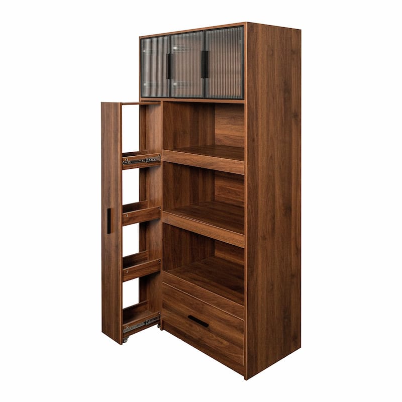 70.87" Tall Kitchen Pantry Cabinet with Pull-Out Multi-Tier Shelf & Aluminum Frame Glass Door