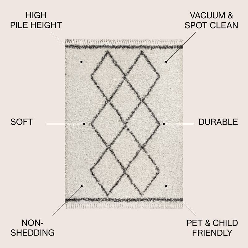JONATHAN Y Modern Shag Plush Tassel Moroccan Tribal Geometric Trellis Area Rug - 4 X 6 - Cream/Grey