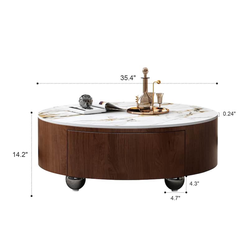 GDFStudio - Contemporary 35.4" Round Coffee Table with Sintered Stone Faux Marble Top and 2 Soft-Close Drawers