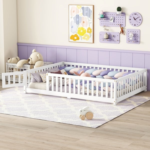slide 2 of 14, White Full Size Pine Wood Floor Bed with Safety Guardrails and Door for Kids Full - White