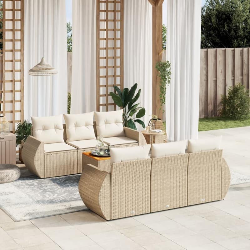 vidaXL Patio Sofa Set with Cushions Outdoor Furniture 7 Piece Poly Rattan - 24.4 x 27.6 x 27.2 - Beige and Cream