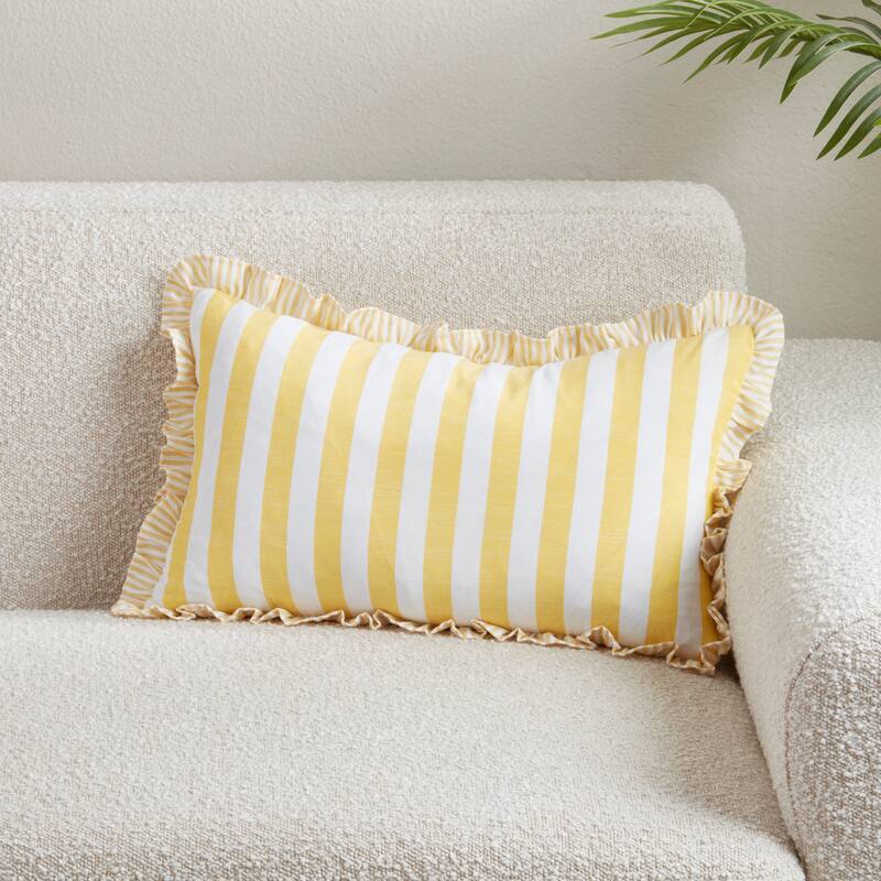 Striped Ruffle Edge Cotton-Blend Throw Pillow - Classic Cabana Stripe Design for Sofa, Bed & Accent Styling