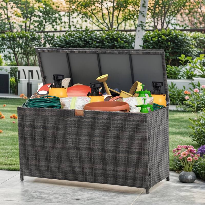 120 Gallon Waterproof Large Resin Deck Box Indoor Outdoor Lockable Storage Container for Patio Furniture, Toys and Garden Tools - Brown