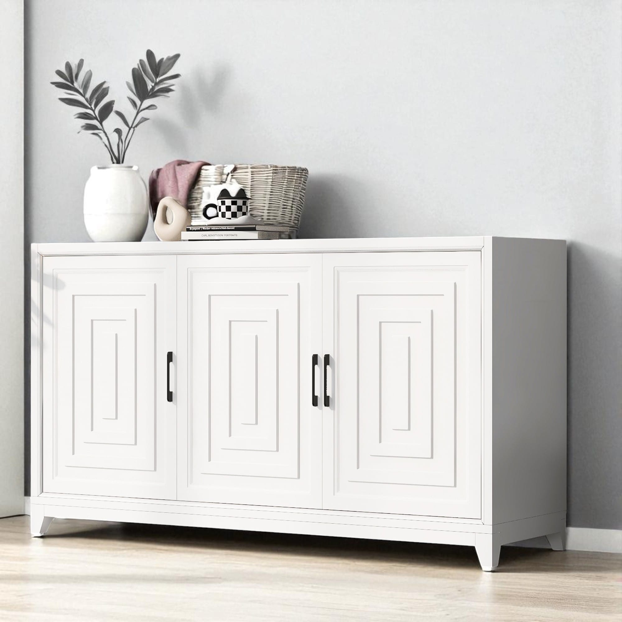 Modern TV Stand for TVs Up to 65", Entertainment Center with 2 Cabinets, Adjustable Shelves & Solid Wood Legs, Media Console