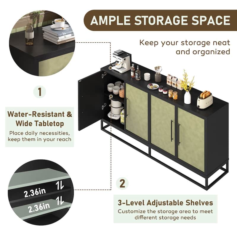 VEIKOUS 4-Door Buffet Sideboard Cabinet with Adjustable Shelves & Anti-Tipping Design - 61.5"×15.4"×33"
