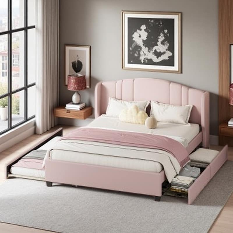 Queen Upholstered Bed Frame with Wingback Headboard, Twin Trundle & 2 Storage Drawers, Linen Fabric Platform Design