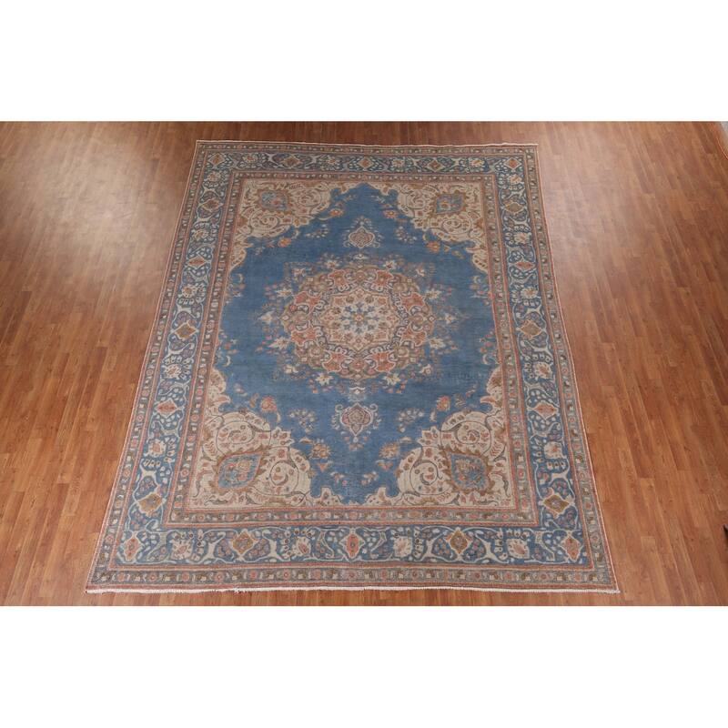 Tabriz Vintage Persian Area Rug Handmade Oriental Blue Wool Carpet - 9'8" x 12'5"