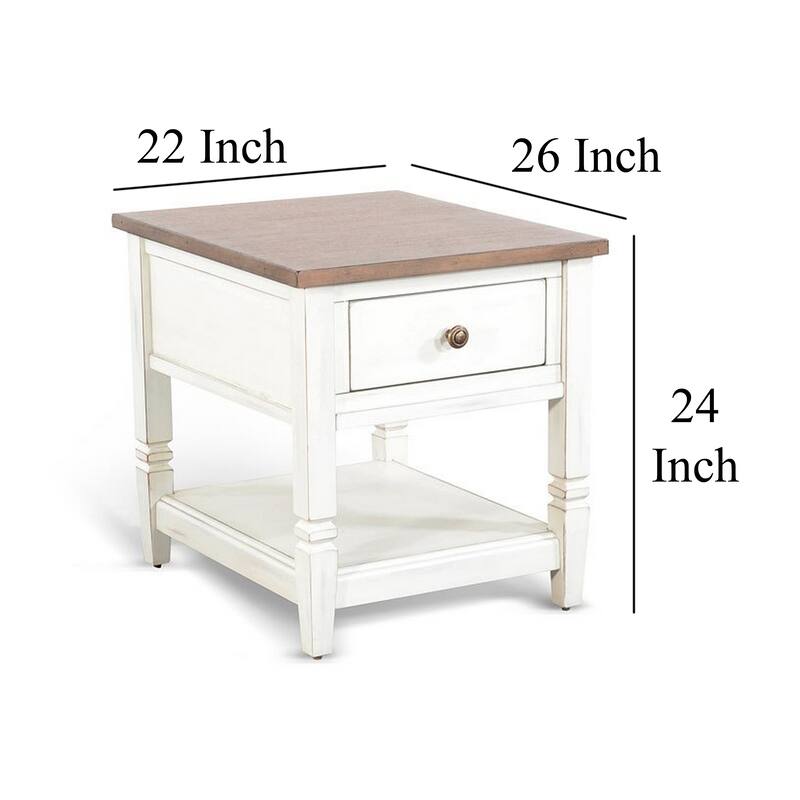 Dean Side End Table w Shelf, Drawer, 26 Inch Rectangular Brown, White