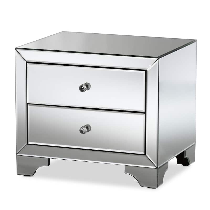 2-Drawer Nightstand with Mirrored Finish & Crystal Handles - Modern Bedside Table
