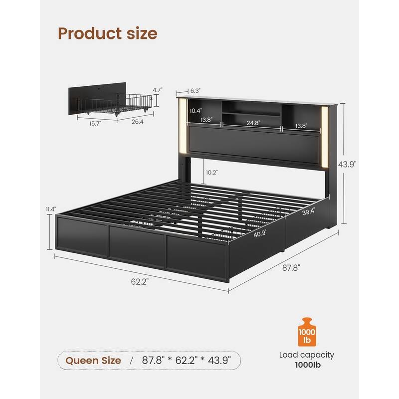Bed Frames 4 Storage Drawers Storage Headboard Charging Station Metal Slats