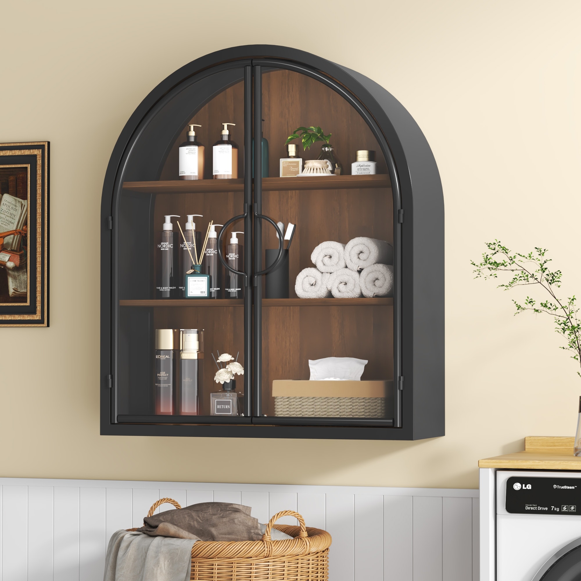 Wall-Mounted Arched Bathroom Cabinet With Tempered Glass Doors, No Assembly Required - 22.8"W × 26.8"H × 7.5"D