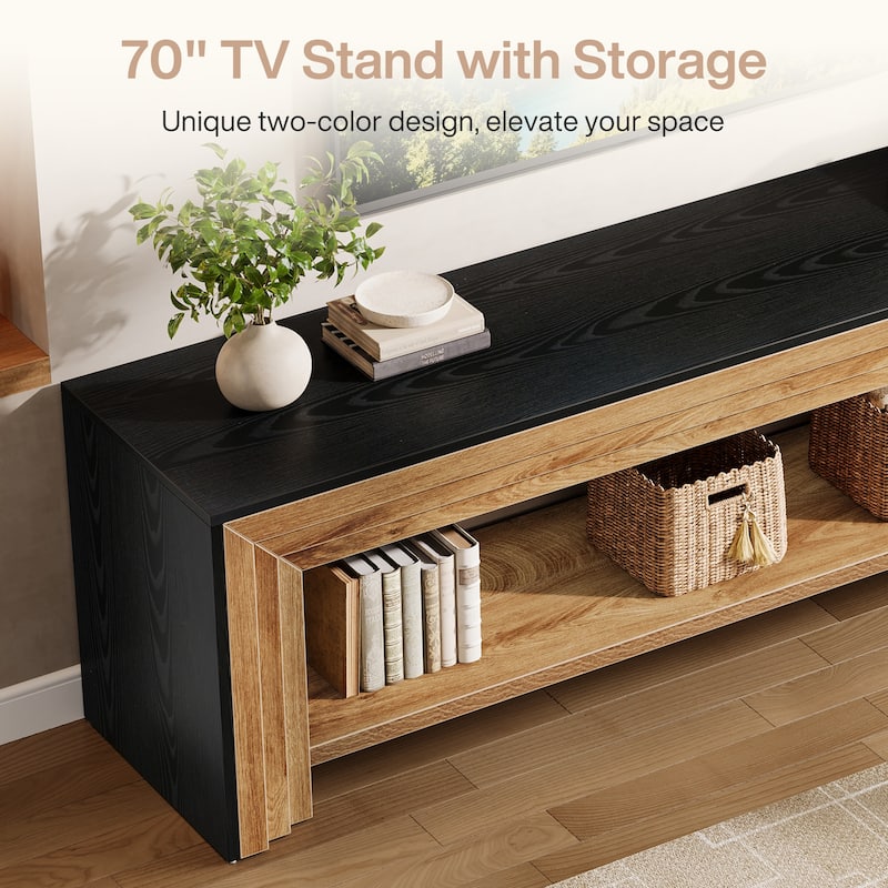 Long TV Stand for TVs, Wooden Entertainment Center with Storage Shelves, Low Media Console for Living Room, Bedroom