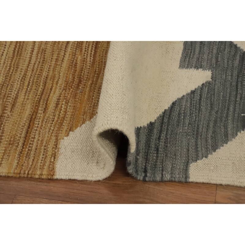 Hand Woven Oriental 100% Wool Carpet Southwestern Modern Beige & Ivories Kilim Runner Rug - 11' 6'' X 2' 8''