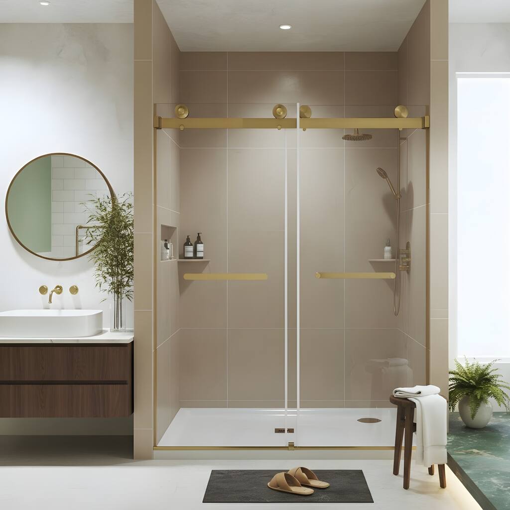 Frameless double-sliding shower doors, tempered glass, safety film, stainless steel handles, square-tube tracks