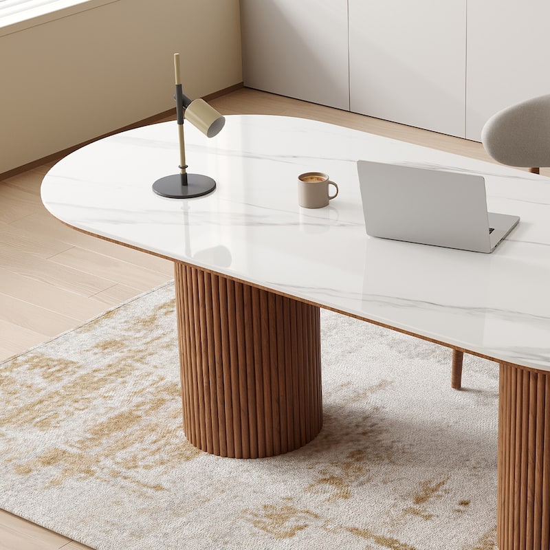 71" Modern Oval Writing Desk,Glossy White Office Table,with Double Solid Wood Legs, 3 Colors Optional