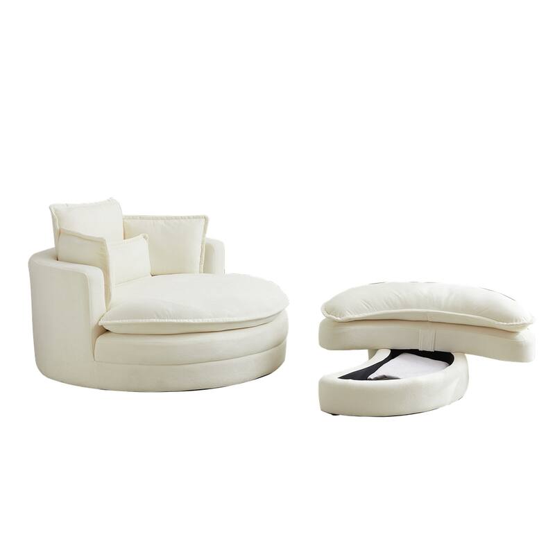 52" Swivel Fabric Big Round Chair with Storage Ottoman and Pillows