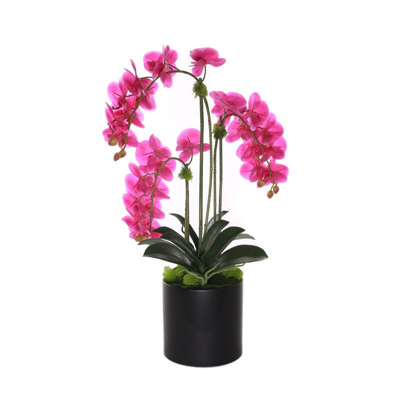 Purple Real Touch Orchid with Amethyst in Black Cylinder Pot