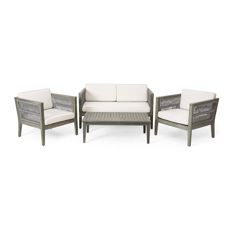 4-Pieces Acacia Wood Patio Furniture Set, Outdoor Coffee Table Conversation Set Deep Seating w/ Soft Cushion