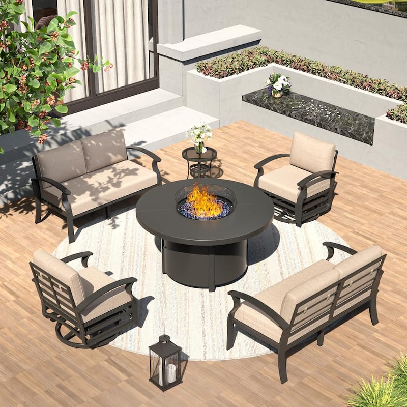 Patio Aluminum Sofa with Armrests, Outdoor Conversation Set with Round Fire Pit Table 5inch Thick Seat Cushions