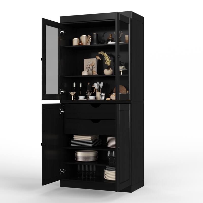 Palace Imports Solid Wood Pantry Cabinet, Raised Panel & Clear Glass Doors, 2 Drawers, Adjustable Shelves