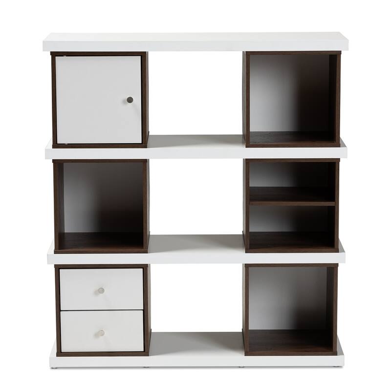 Rune Modern and Contemporary Two-Tone White and Walnut Brown Finished 2-Drawer Bookcase - 39.06"H x 35.43"W x 11.34"D