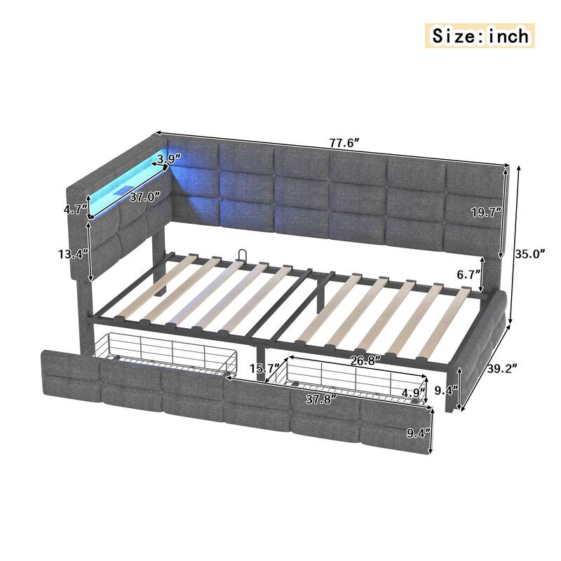 Upholstered Twin Size Daybed with 2 Drawers, Charging Station & LED Lights