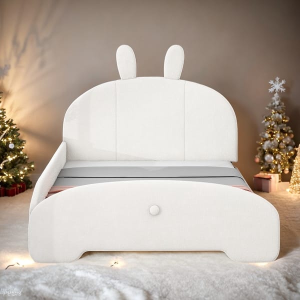 slide 2 of 12, Full Size Upholstered Bed with Cartoon Ears Headboard, White White