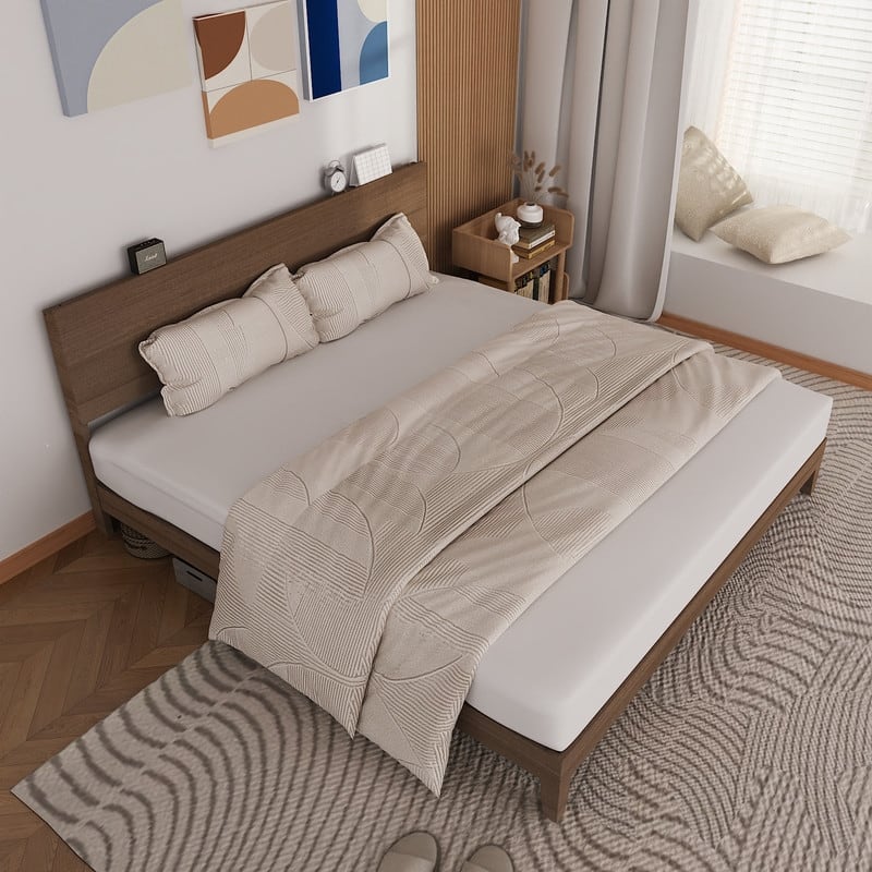 Vintage Solid Pine Wood Bed Frame with Color-Painted Headboard