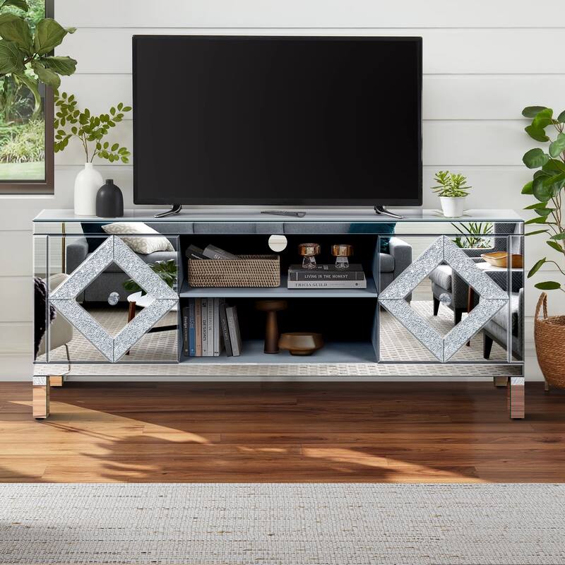 Mirrored TV Stand for 65+ inch TV,Sliver TV Console Table with Open Storage & 2 Storage Cabinets for Living Room - Silver