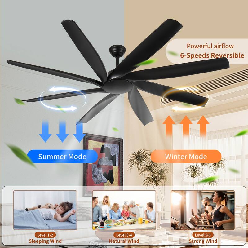 72 inch Ceiling Fans no Light with Remote Control, 8 Reversible Blade, Quiet DC Motor, Timer Function, 6-Speed - Black