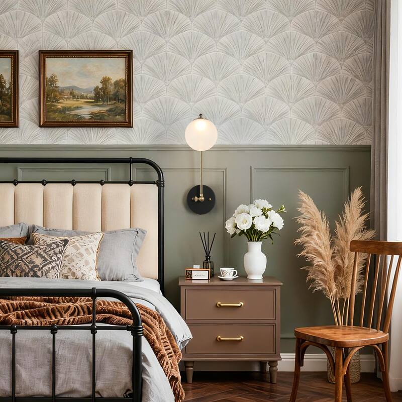 Modern LED Globe Glass Armed Sconce Black Brass Bathroom Accent Light - W4.7" x H15"