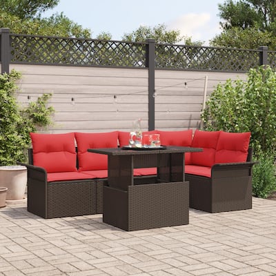 vidaXL 6 Garden Sofa Set with Cushions Black/Brown/Grey Poly Rattan - 95.5 x 52.2 x 27.2