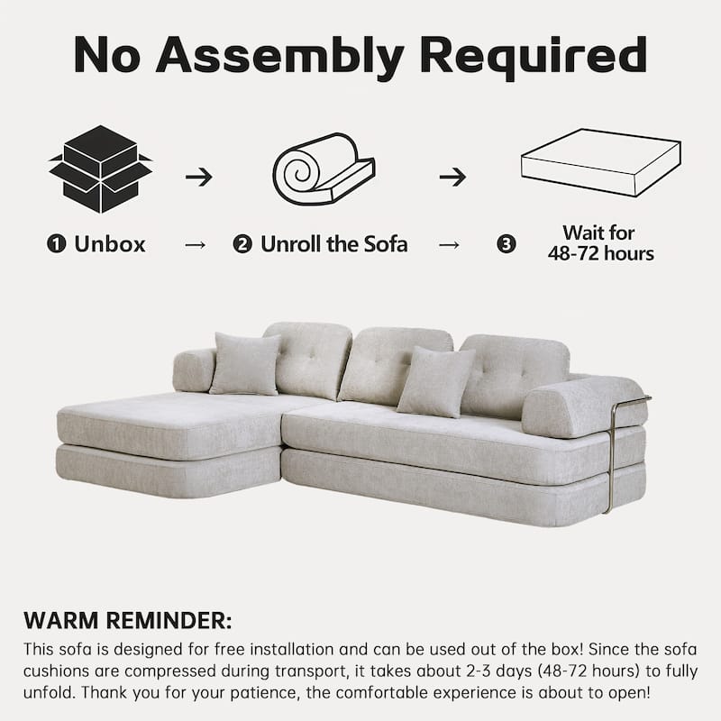 104" Modular Boneless Sectional Sofa, Deep Seat Compressed Chenille Couch with Chaise and Memory Foam, No Assembly Required