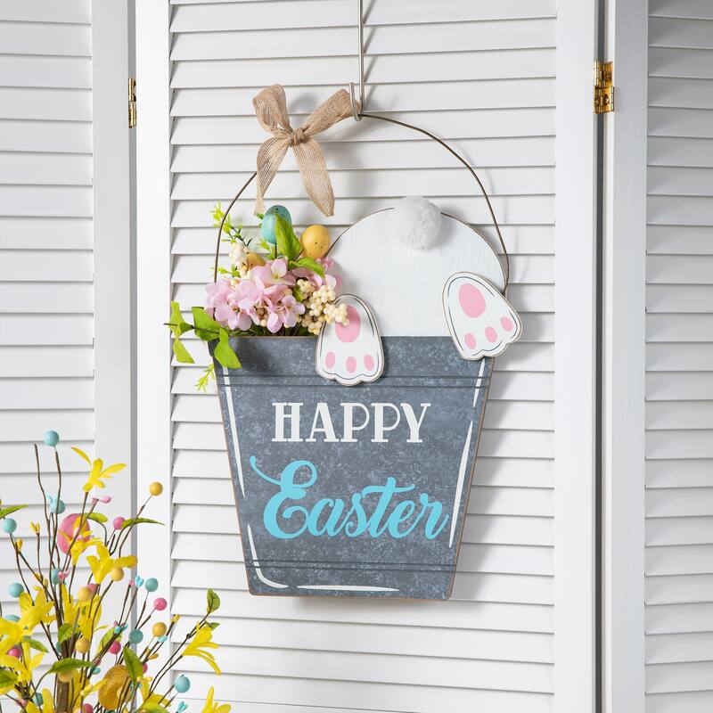 Glitzhome Easter Wooden Cute Bunny Eggs/Fence Door Hanger Wall Decor Spring Gift - Bucket-shaped Bunny Door Hanger